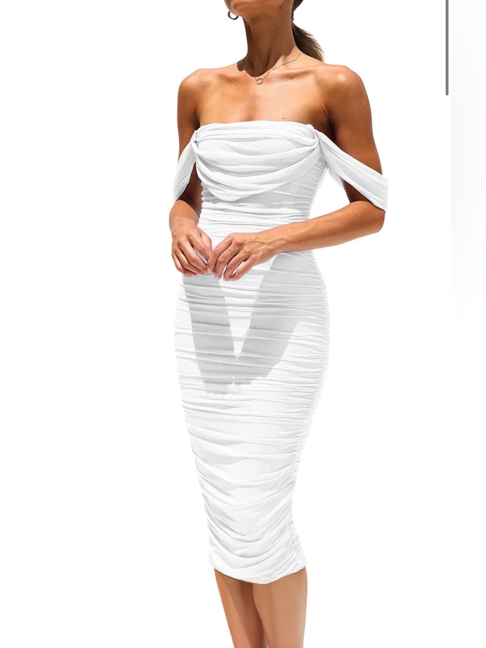 NWT Womens Summer Off The Shoulder Ruched Bodycon Dresses Fitted Club Midi - Picture 8 of 12